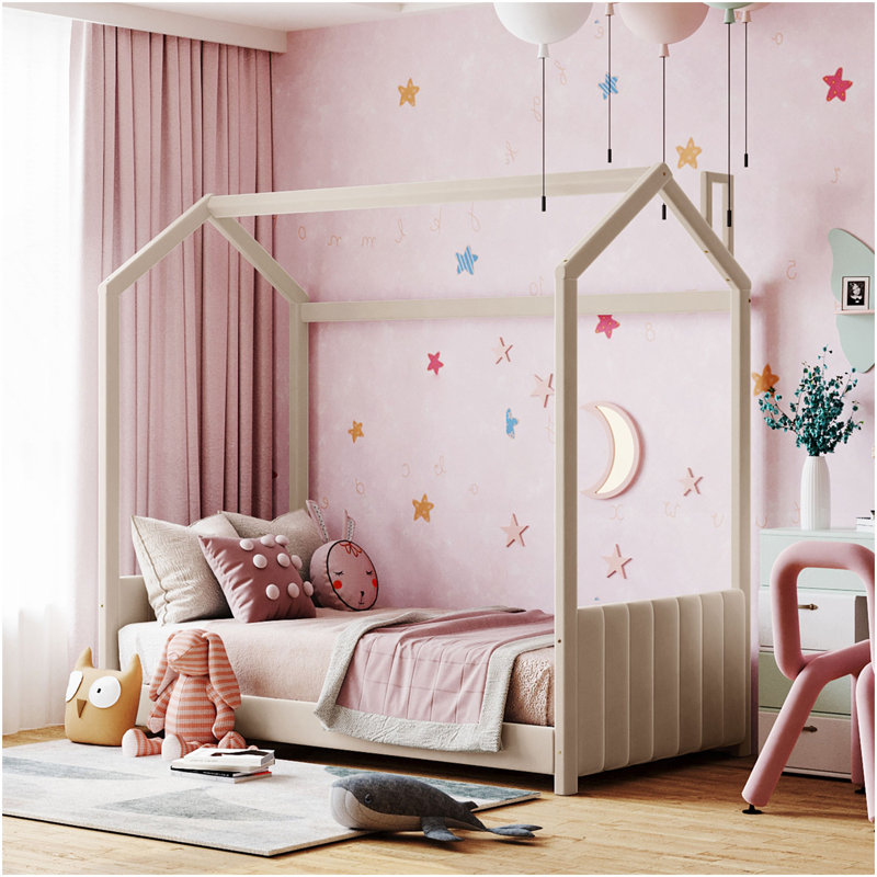 Lit simple en bois et velours, beige, Beige, Lit simple