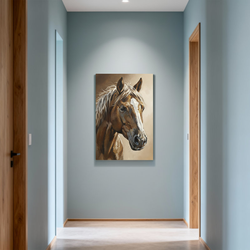 Portrait d'animaux à cheval avec une flamme blanche et un manteau brun, H 18 po x l 12 po