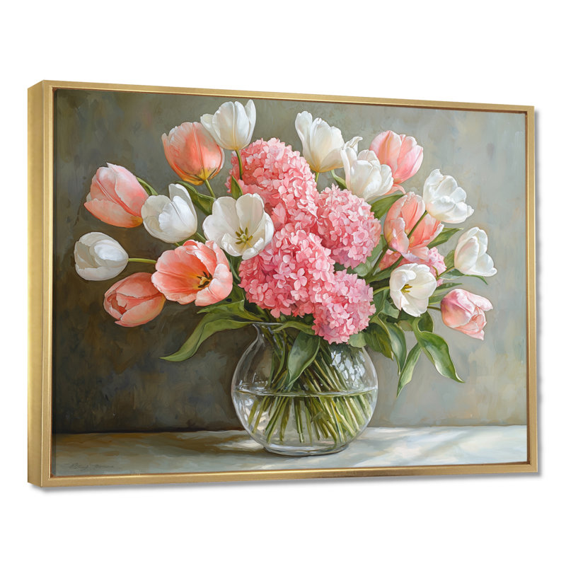 Ignangias roses et blancs, hortensias et tulipes dans un vase - hydrangées, art mural, H 12 po x l 20 po, Doré