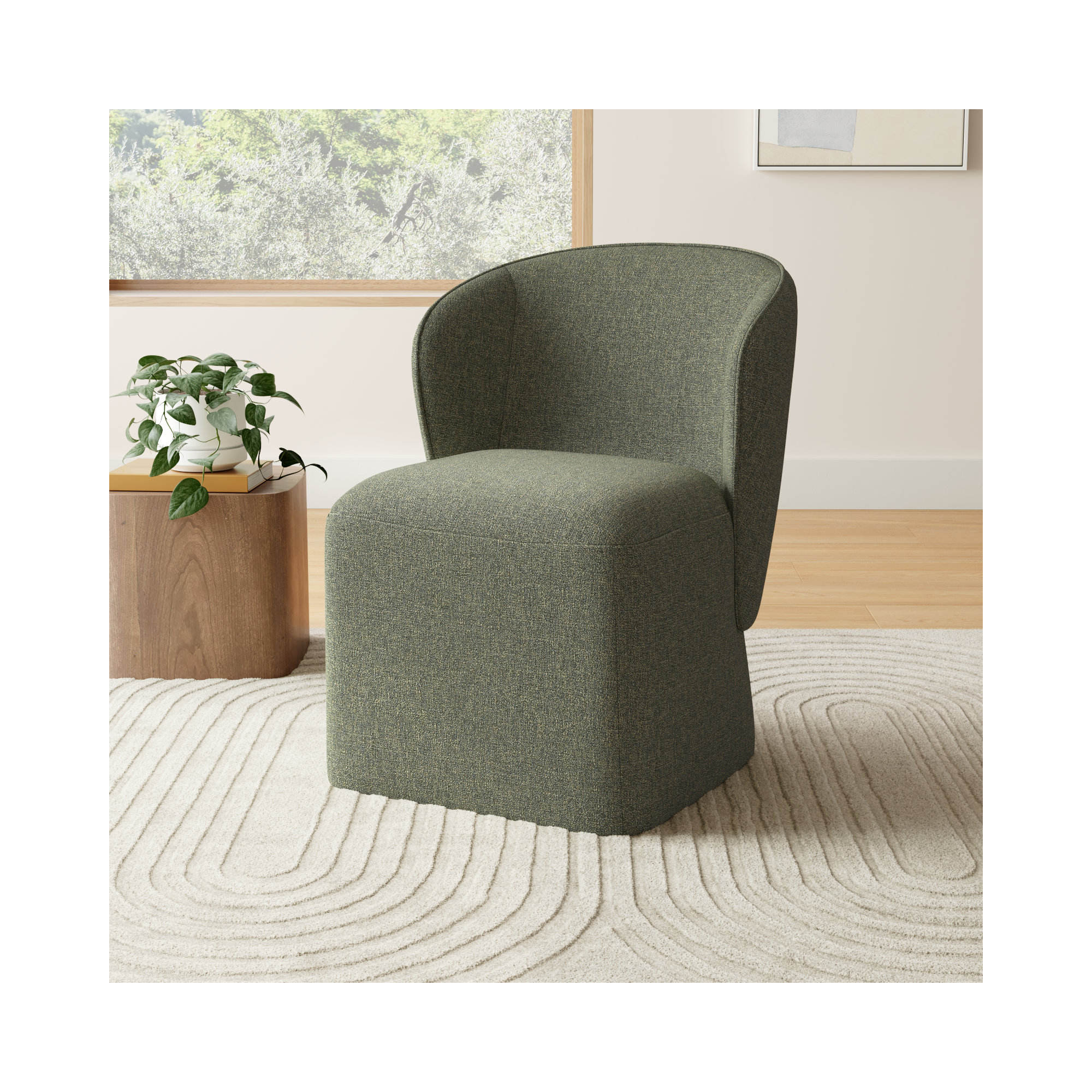 Niha Upholstered Dining Chair with Casters, Nathan Hemp Tweed