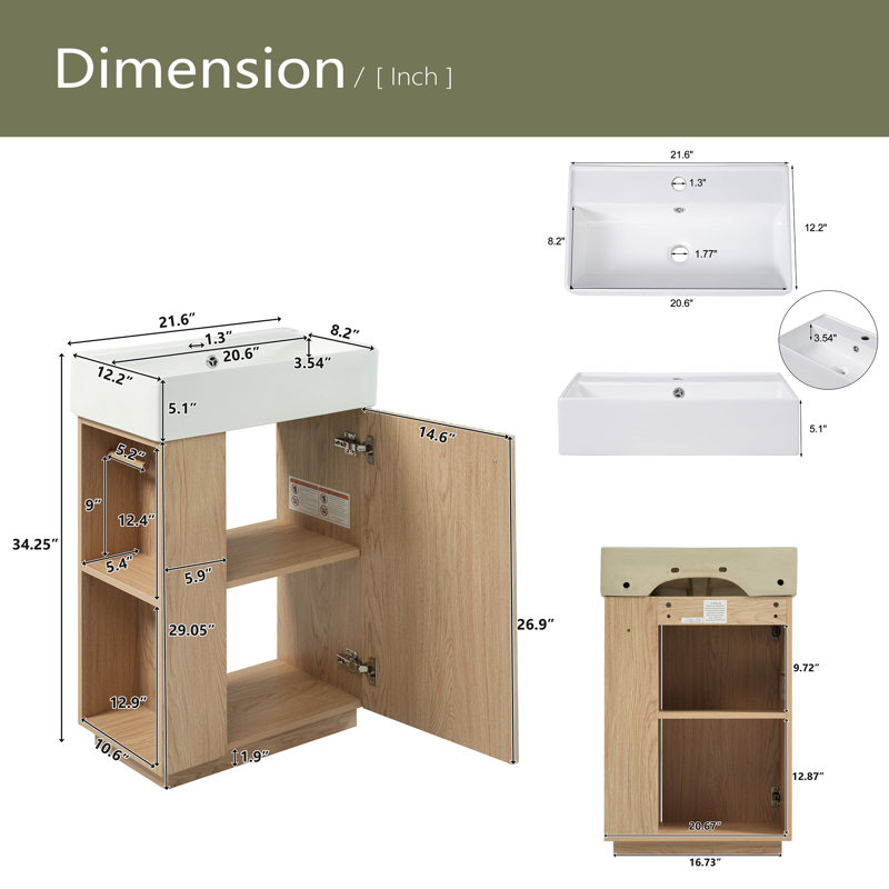 Meuble-lavabo de 21,6 po avec lavabo en céramique, armoire à grain de bois moderne autoportante avec rangement ouvert et fermé pour les petites salles de bain