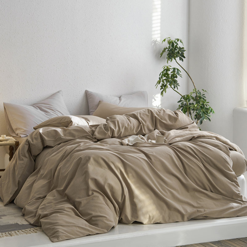 MooMee Duvet Cover Set with Zipper Closure & 8 Interior Ties 100% Washed Cotton Twill Soft Linen Like Textured, Mocha Brown