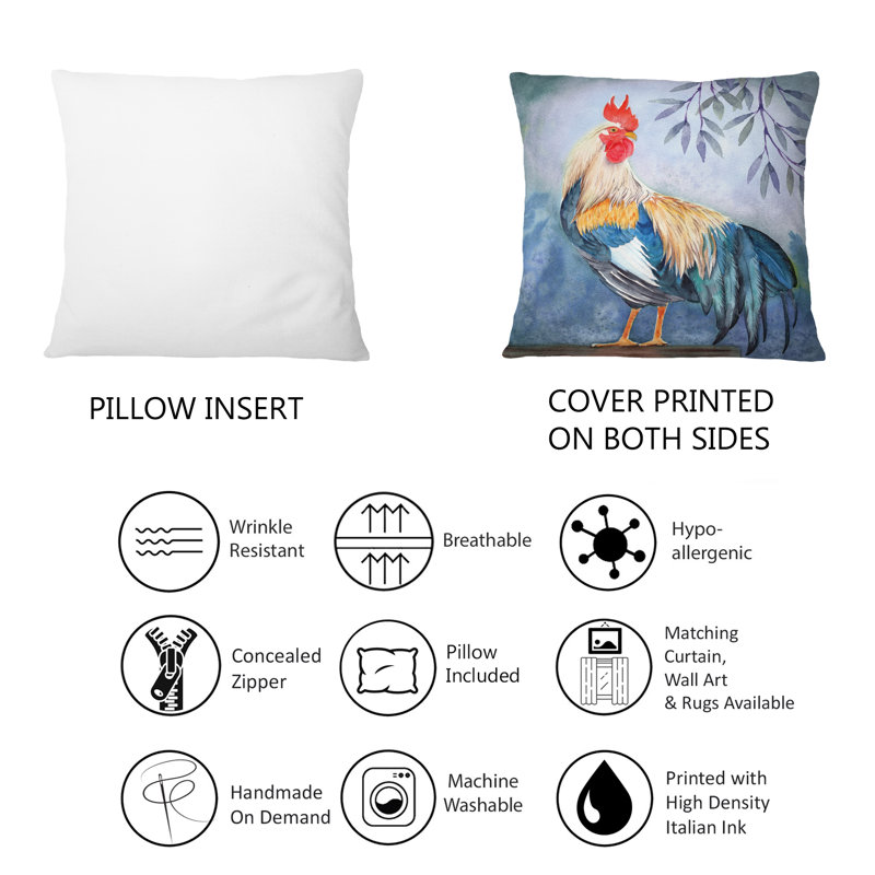 Colourful Rooster, Long Emerald Tail, Red Cockscomb -1 Traditional Printed Throw Pillow