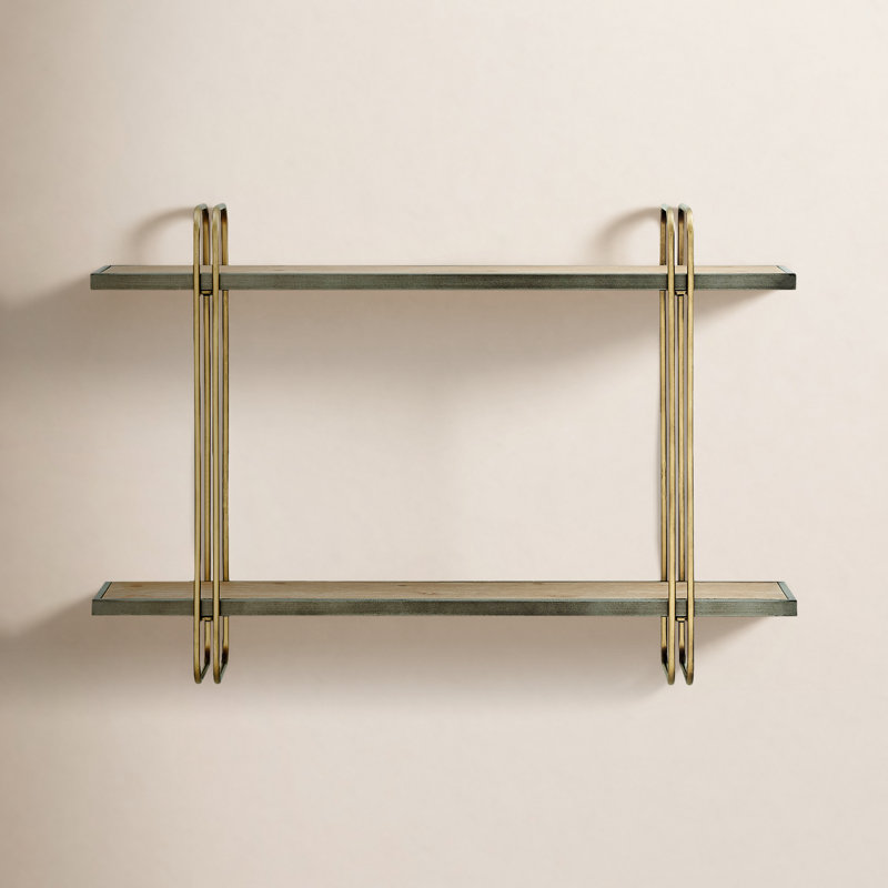 Doncia Two-Tier Warm Gold And Washed Oak Brown Metal Hanging Bracket Wall Mounted Shelf