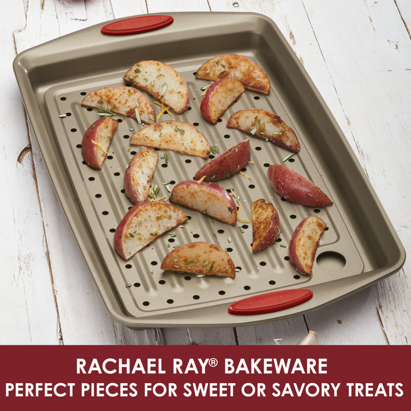Rachael Ray Cucina Nonstick Bakeware 2-Piece Crisper Pan Set, Latte Brown with Cranberry Red Handle Grips