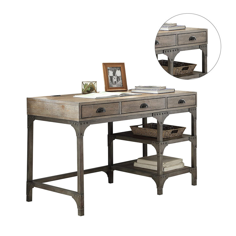 Weathered Oak and Antique Silver Industrial Writing Desk with Drawers