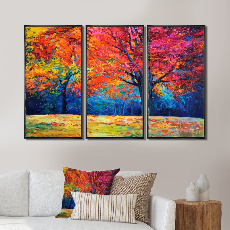 «Vibrant Red Tree In Autumn Landscape», peinture sur toile 3 pièces, H 28 po x l 36 po, Noir, noir, noir, noir