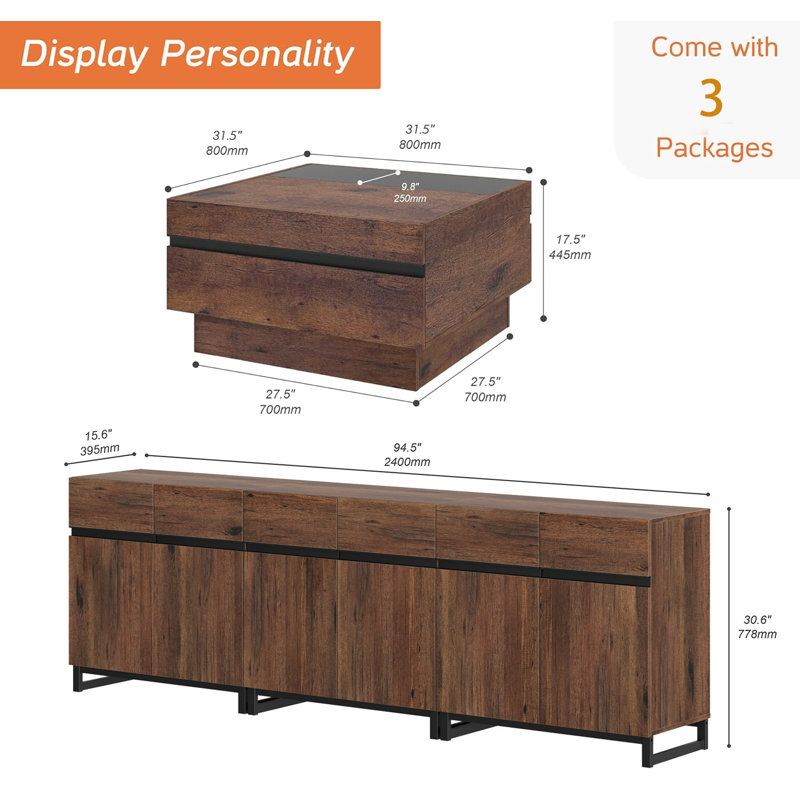 Nellie 2-Piece Modern TV Stand And Coffee Table Set, Storage Entertainment Center For Tvs Up To 100 Inches, Square Coffee Table With Tempered Glass And Four Storage Drawers For Living Room, Brown