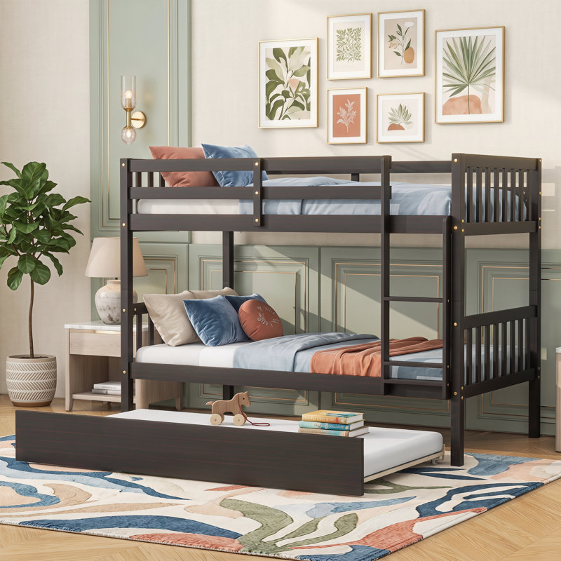 Lits simples superposés en bois d'hévéa avec lit gigogne, lits simples convertibles avec échelle et garde-corps
