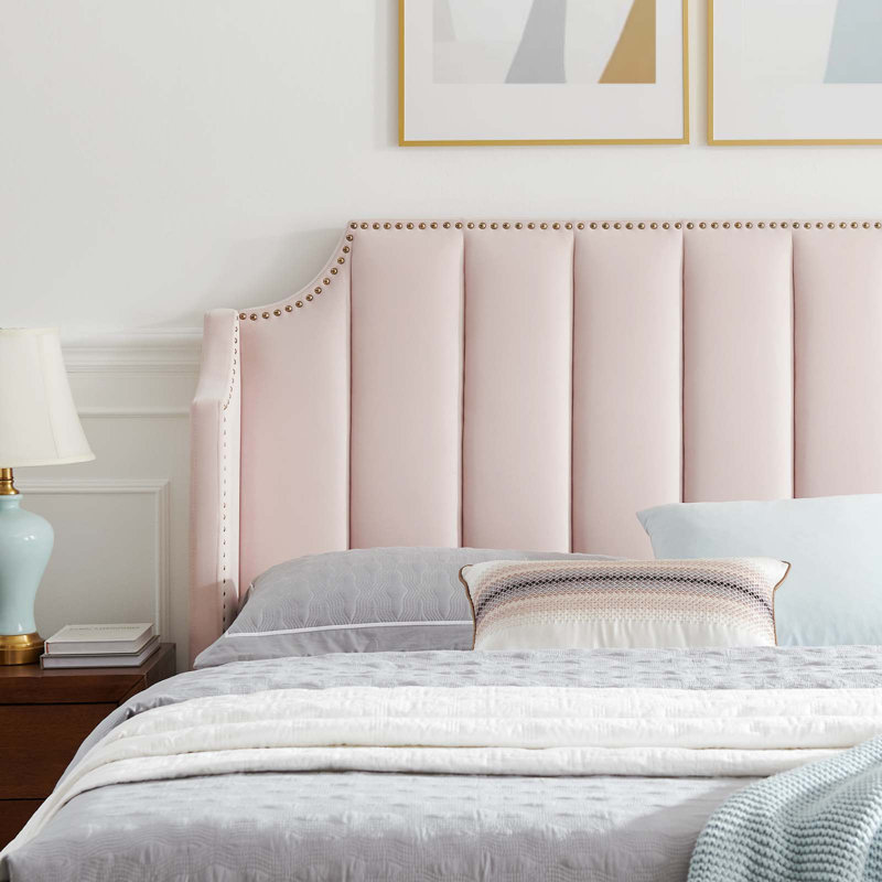 Pink Velvet Queen Platform Bed with Tufted Headboard and Nailhead Trim
