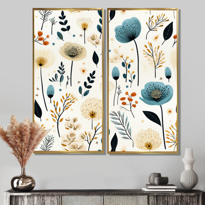 «White and Blue Nordic Blossom Serenity», art mural floral sur toile 2 pièces