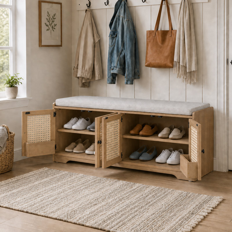 Farmhouse Rattan Door Storage Bench with Cushioned Seat, Adjustable Shelves, Multifunctional Wood Shoe Bench for Entryway, Hallway and Living Room