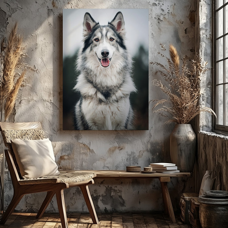 Toile, "Un majestueux chien moelleux avec un art mural gris et blanc saisissant", H 12 po x l 9 po