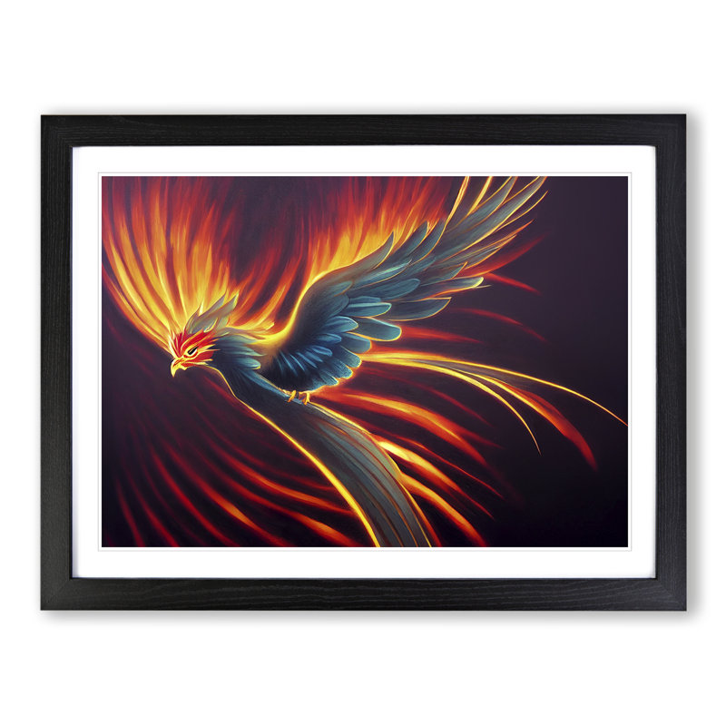 Explosive Phoenix Bird - Single Picture Frame Print, 46cm H x 64cm W x 2cm D, Black
