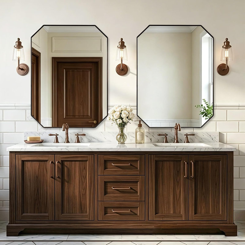 Contemporary Cut Corner Octagonal Scalloped Bathroom Vanity Mirror | Stainless Steel Frame, 40" x 30", Brushed Bronze