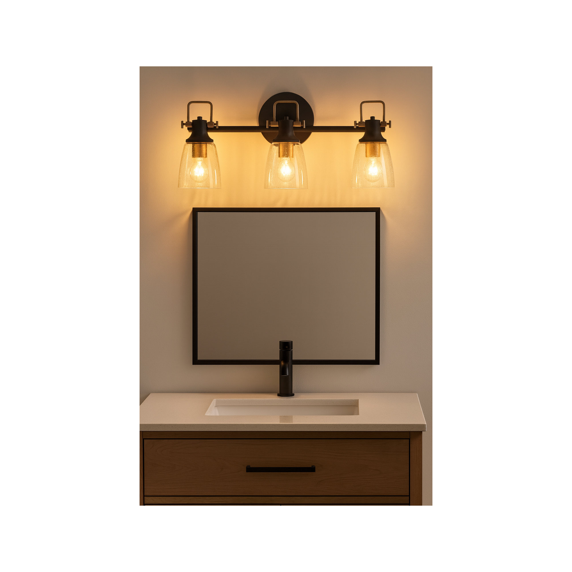 Easton Three-Light Bath Vanity Fixture w/ Clear Seedy Glass Shades, Black/Gold
