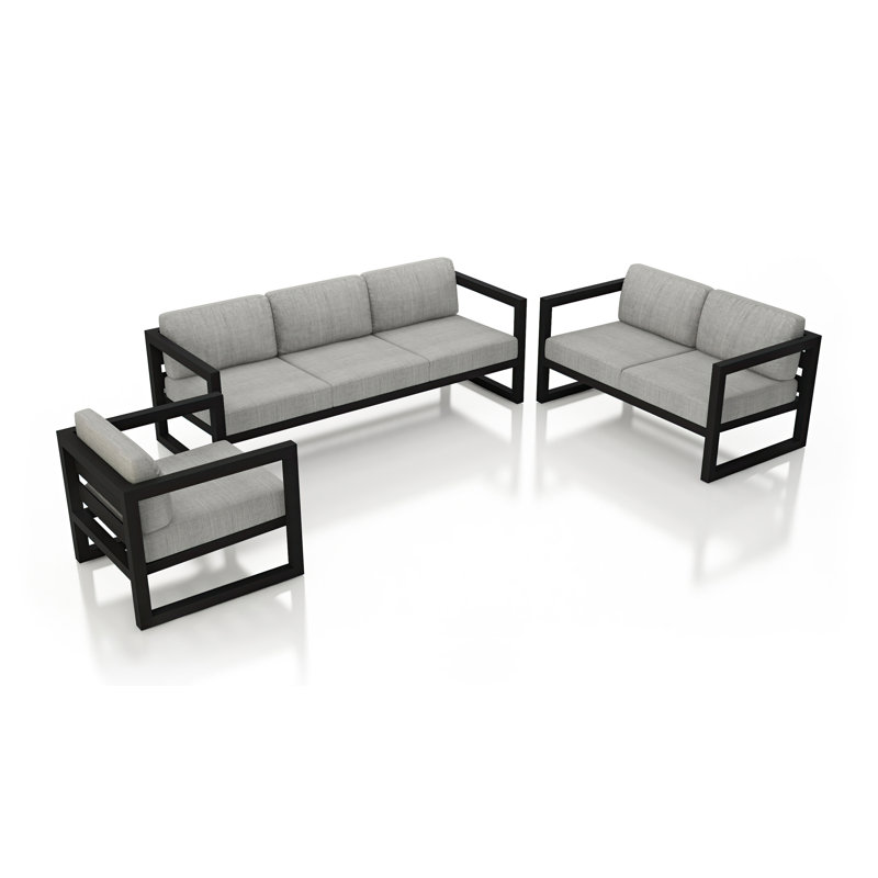 Avion 3 Piece Sofa Loveseat Set, Cast Silver Sunbrella®, Black