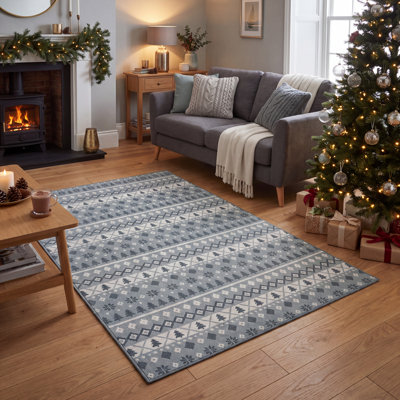 Tapis d'hiver Batman, motif géométrique moderne, bleu sarcelle, gris et blanc, antidérapant, à poils courts, pour l'intérieur et l'extérieur, adapté aux animaux domestiques, idéal pour le salon, la chambre, la salle à manger, l'entrée, le corridor ou le bureau. Tapis nordiques, style Fair Isle, lavable.