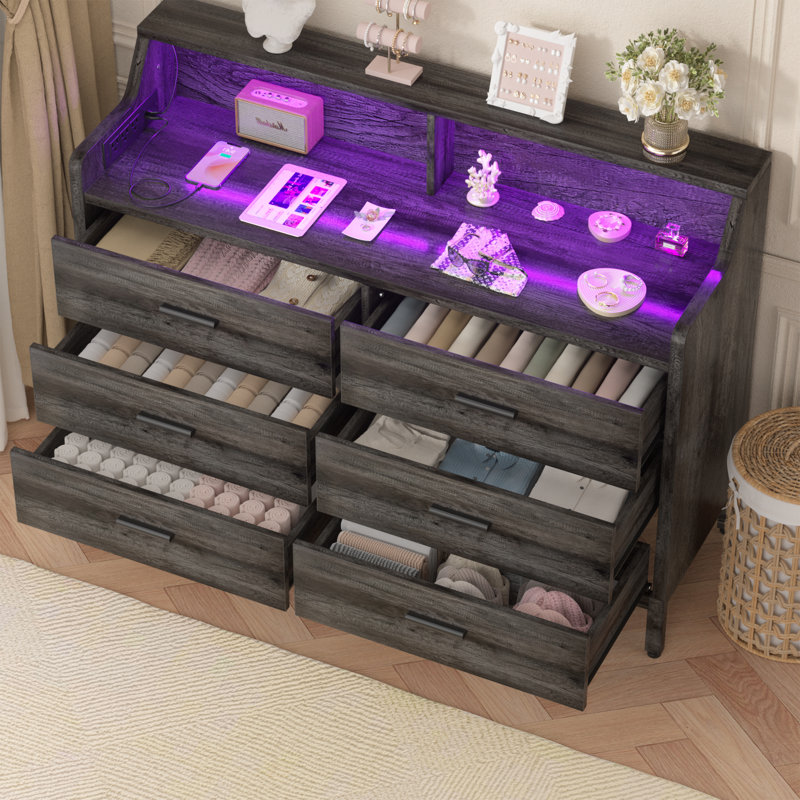 Montmarte Wooden 6 Drawers Dresser with Power Outlet, Chest of Drawers with LED Light, Modern Dresser Organizer, Gray
