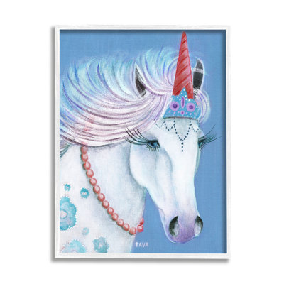 «Blue Floral Unicorn Portrait with Princess Crown» par Janet Tava - peinture sur toile