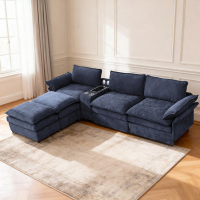 U-Shaped Chenille Sectional Sofa with Bluetooth Speaker,Wireless Charging,Storage Console