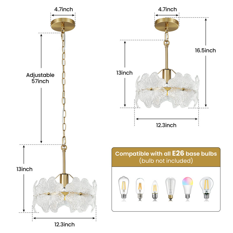 1 - Light Dimmable Single Pendant With 6 Glass Petal Shade, Gold