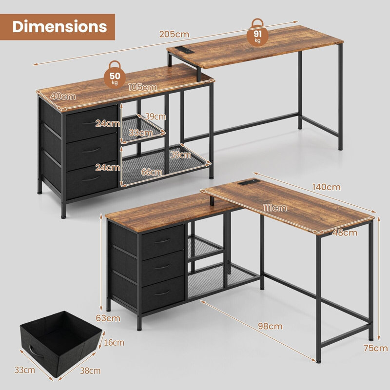 Abdulelah L-Shaped Steel Computer Desk, Black, Brown
