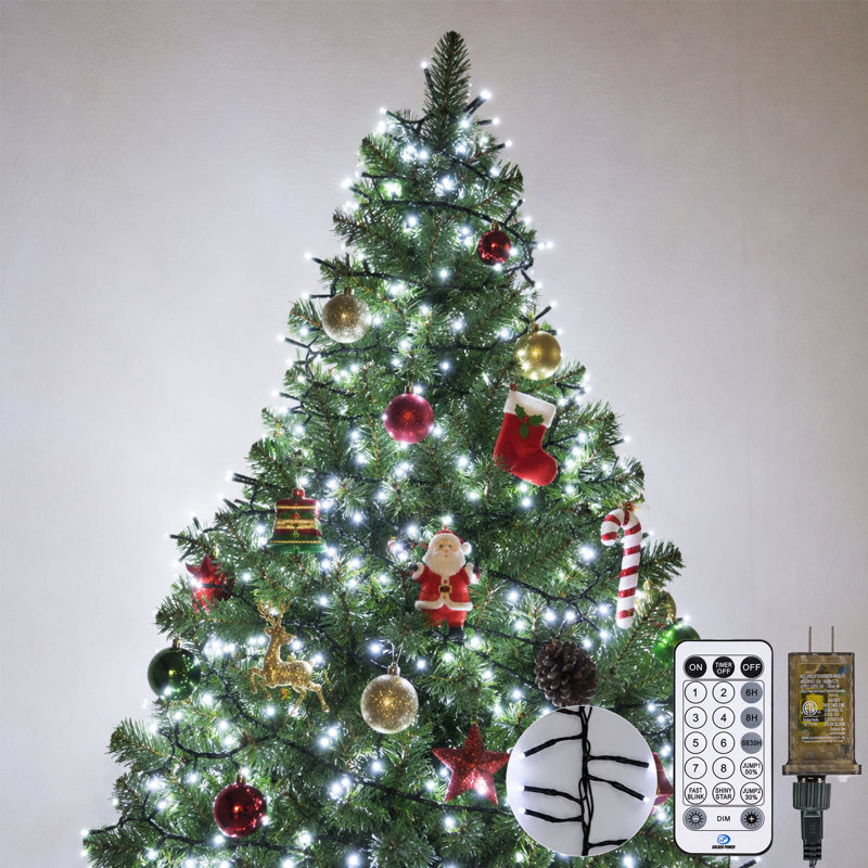 Guirlande lumineuse de Noël de 15 m (50 pi) avec 1000 DEL, télécommande et minuterie, blanc pur, effet pétard, à brancher, fonction mémoire et 12 modes d'éclairage, étanche, pour fenêtre, porche ou extérieur.