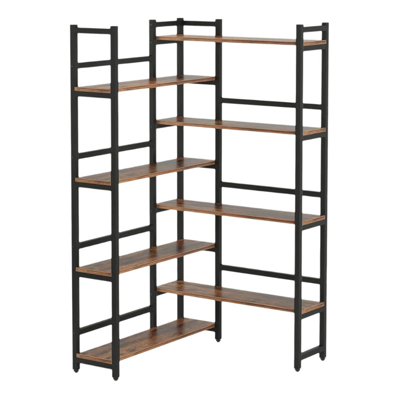 Étagère ouverte à 8 niveaux avec bibliothèque d'angle, idéale pour les bureaux à domicile, les salons et les chambres à coucher, brun