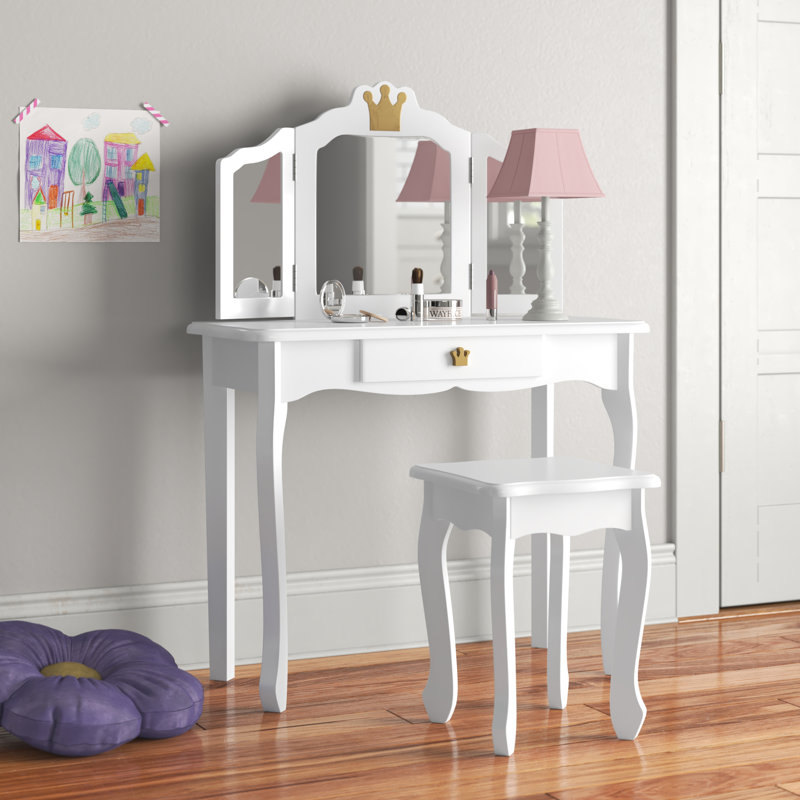 Isiah Solid Wood Kids Vanity Set with Mirror, White