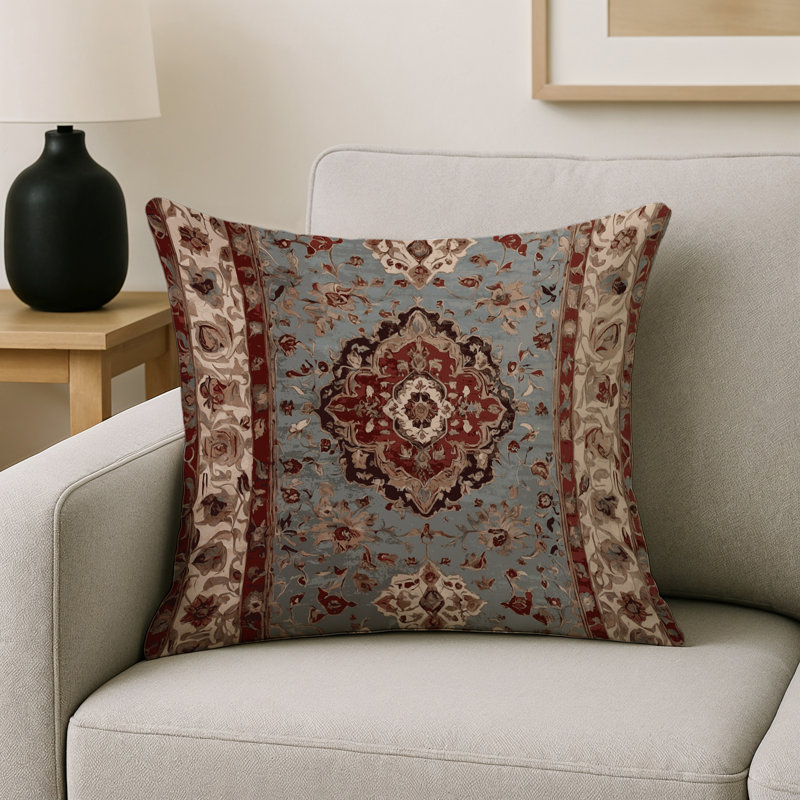 Coussin décoratif intérieur et extérieur Modern, Carré 16 po, Bleu clair / bourgogne / beige damassé