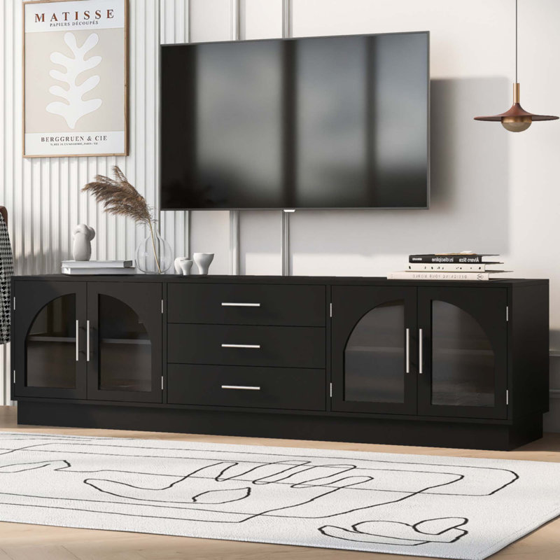 Meuble télé moderne et minimaliste pour téléviseur de 75 po ou moins avec tablettes réglables, Noir