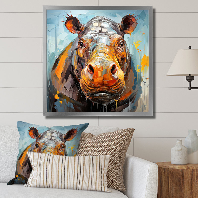Hippopotame harmonie 1 - Hippopotame, H 30 po x l 30 po x P 1,5 po, Cadre simple argenté