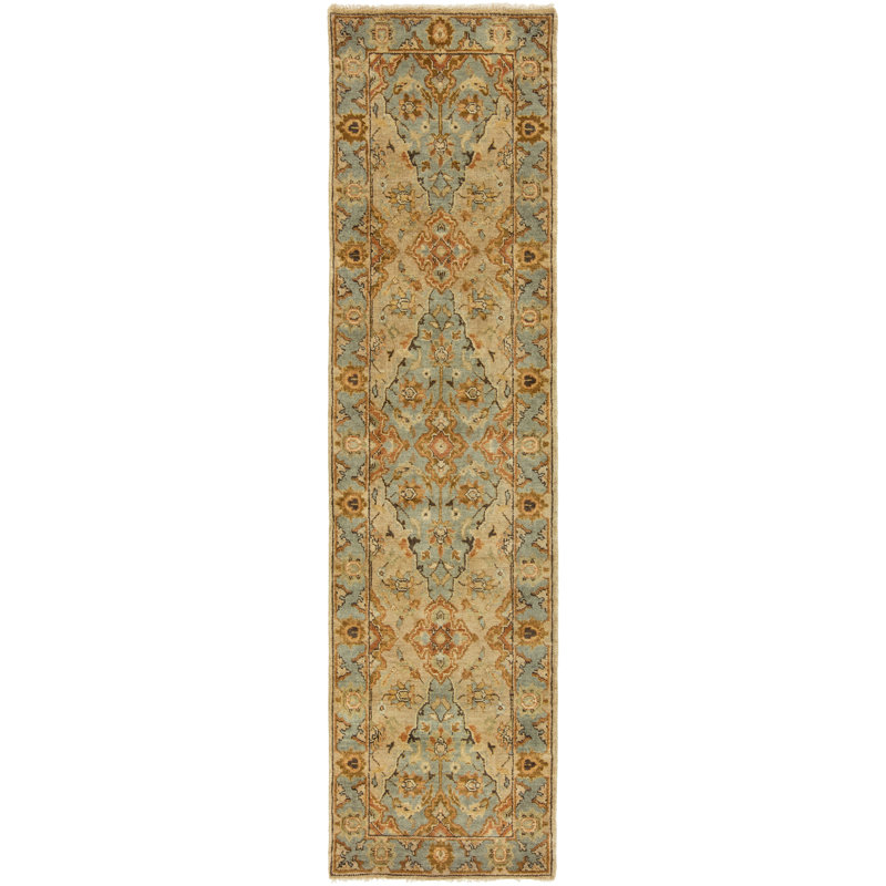 Oriental Hand Knotted Wool Beige, Blue and Rust Area Rug, Runner 2'6" x 8'