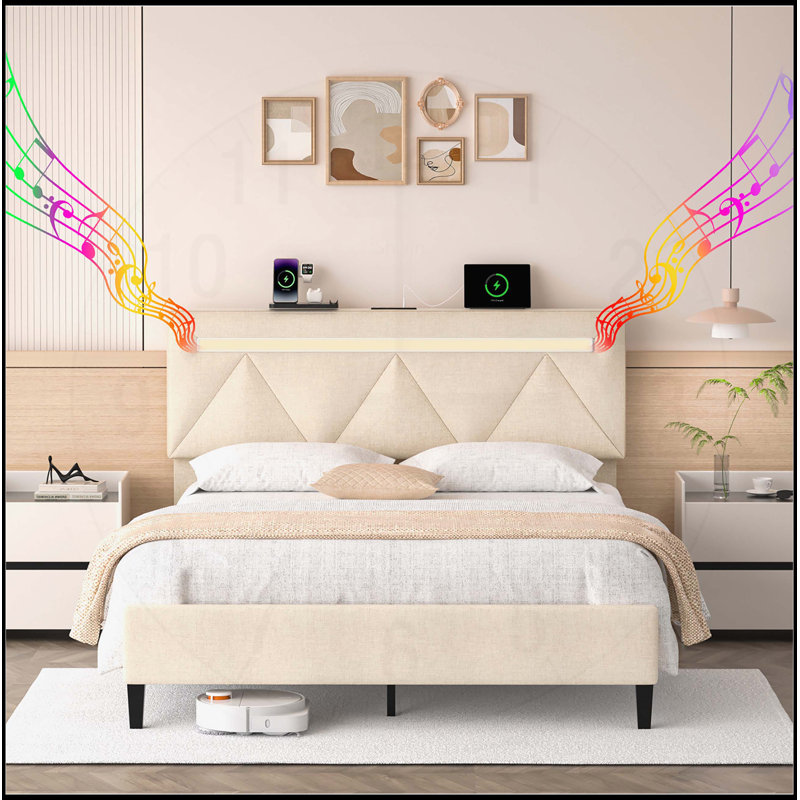 Structure de lit double avec tête de lit, plateforme rembourrée avec station de charge et lumières DEL, support de lattes en bois, aucun sommier requis, assemblage facile