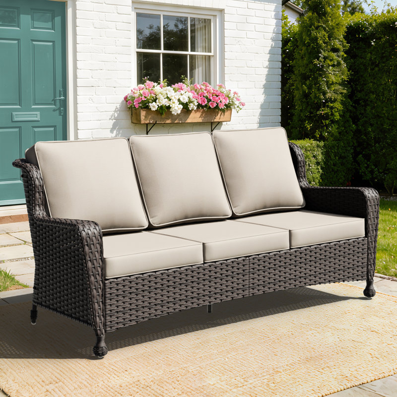 Canapé d'extérieur en osier avec coussins Vaylen, Beige