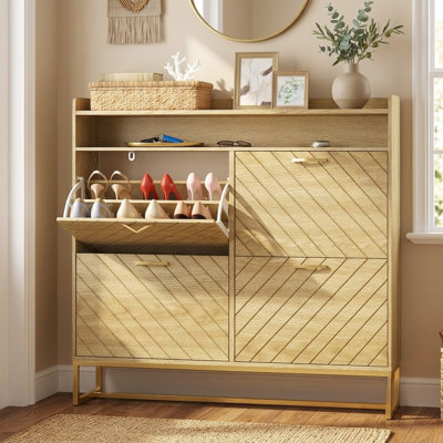 Range-chaussures à 4 tiroirs en bois naturel avec tablettes réglables et pieds en métal