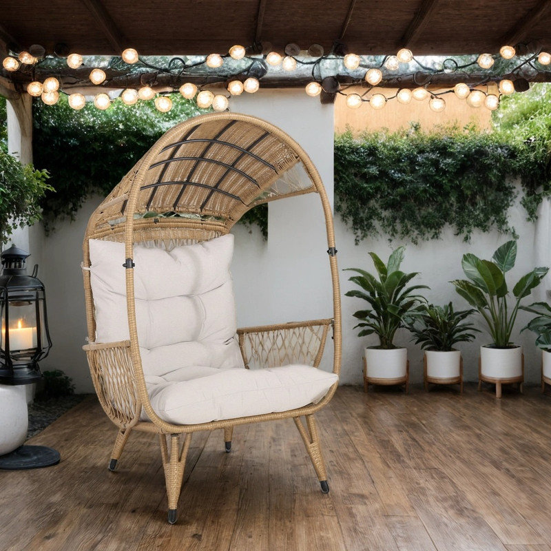Chaise d'extérieur en osier avec coussin résistant à l'eau, Beige, Bois naturel