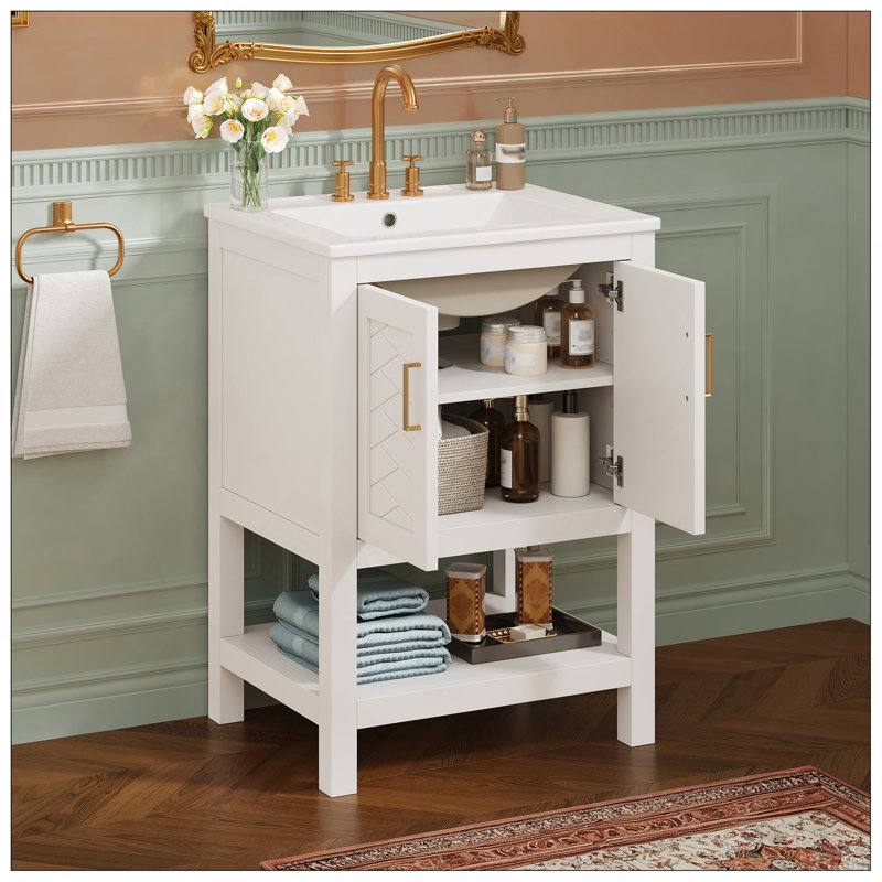 24" Modern Bathroom Vanity With Elegant Twill Design & Soft-Close Hinges, Bathroom Cabinet With Back Open Structure, Adjustable Shelf