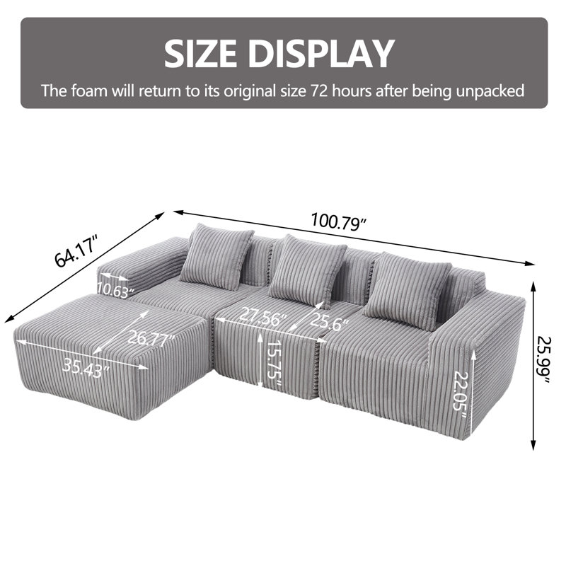 Modern Minimalist Modular Sectional Sofa, L-Shape Upholstered Cloud Couch with Deep Seats, Right Facing Chaise for Living Room