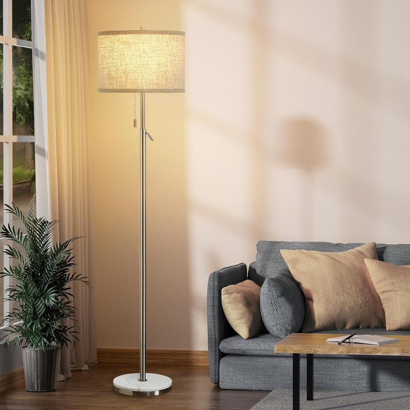 Lampe sur pied en marbre moderne de 64 po Vondell à hauteur réglable avec interrupteur à chaîne, Argent / marbre blanc