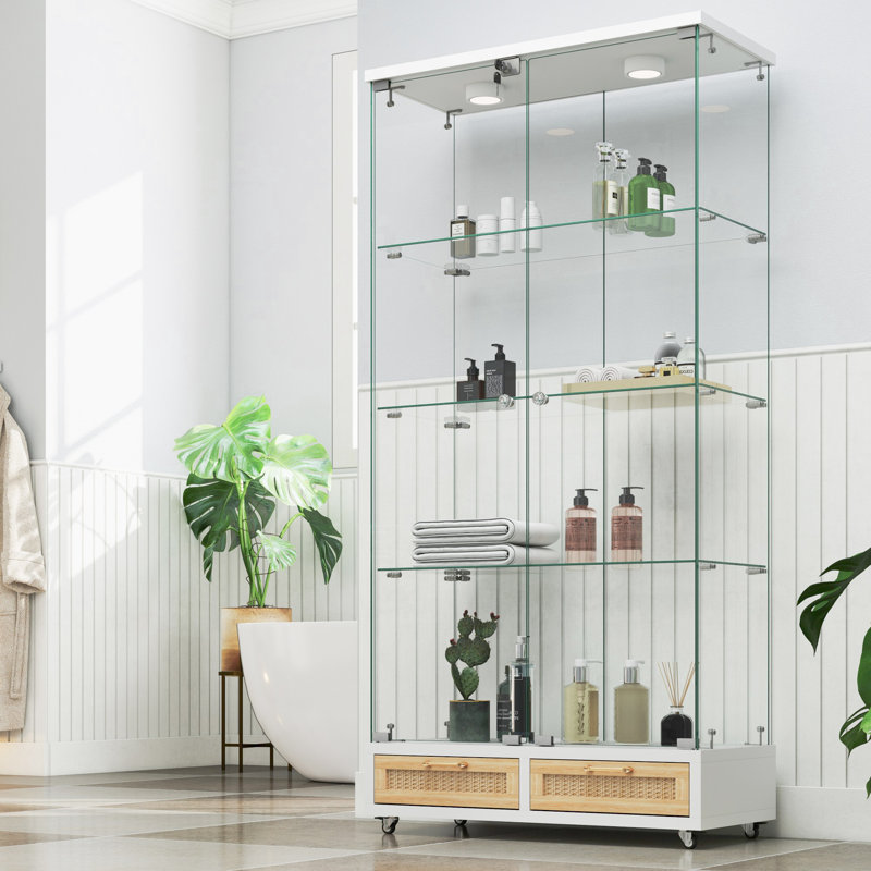 Vitrine moderne en verre avec 4 tablettes en verre trempé, naturel, Blanc