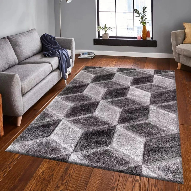 Shaggy Rug Grey Large Living Room Carpet & Extra Long Hallway Runner Modern Geometric Non Slip Bedroom Area Rug