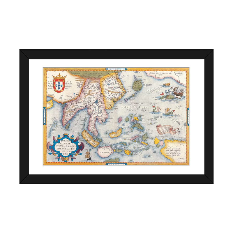 Antique Map East Asia, impression sur toile, H 16 po x l 24 po x P 1 po, Papier beaux-arts encadré noir, Blanc