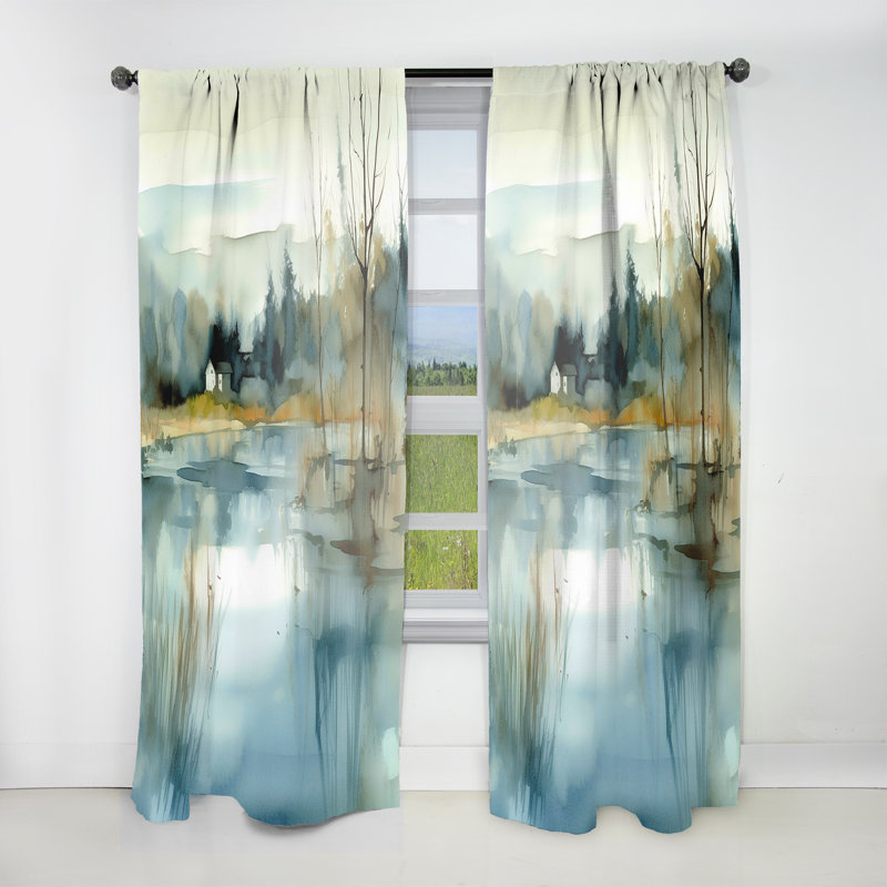 Summer Lake Landscape Illustration V - Rideau en velours Cottage - 1 panneau, L 52 po x L 95 po