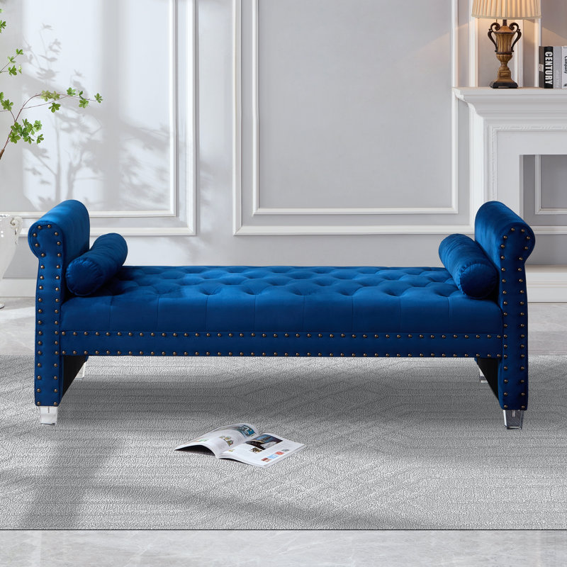 Banc rembourré Alianny, Velours bleu