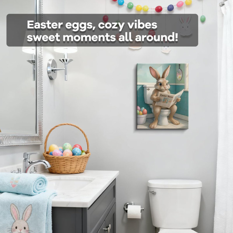 Drôle de lapin lisant des impressions sur toile de journal, art mural sur toile de style salle de bain fantaisiste, décoration de salle de bain, décoration de chambre d'enfant, décorations de thème de lapin de Pâques, reproduction d'art sur toile tendue, 8 po x 10 po