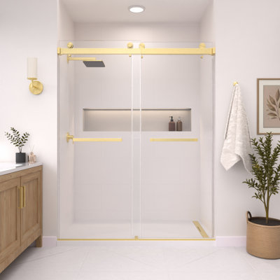 Catalyst 44"- 49" W X 84" H Double Sliding Frameless Shower Door In Brushed Gold With 3/8" Clear Glass
