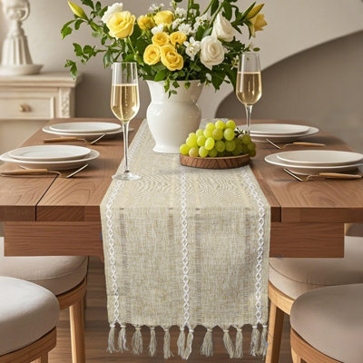 Cotton Blend Hemstitched Embroidered Striped Table Runner With Tassels