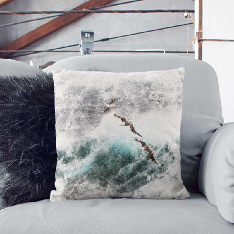 Seagulls Above the Ocean Cushion with Filling, 55cm H x 55cm W x 20cm D, Stone